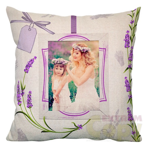 Egyedi fényképes juta vászon párna levendula mintával 